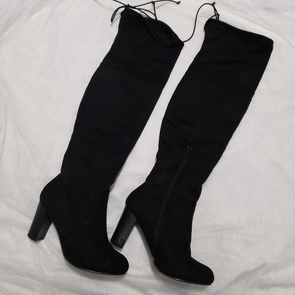 Black Faux Suede Over The Knee High Heeled Boots